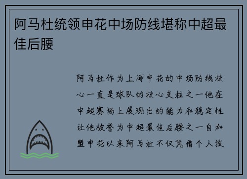 阿马杜统领申花中场防线堪称中超最佳后腰